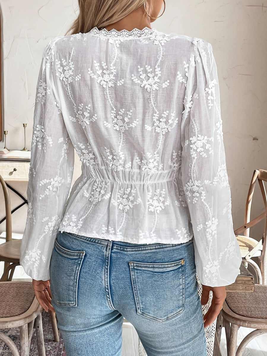White lace trim balloon sleeve blouse with floral embroidery and cinched waist