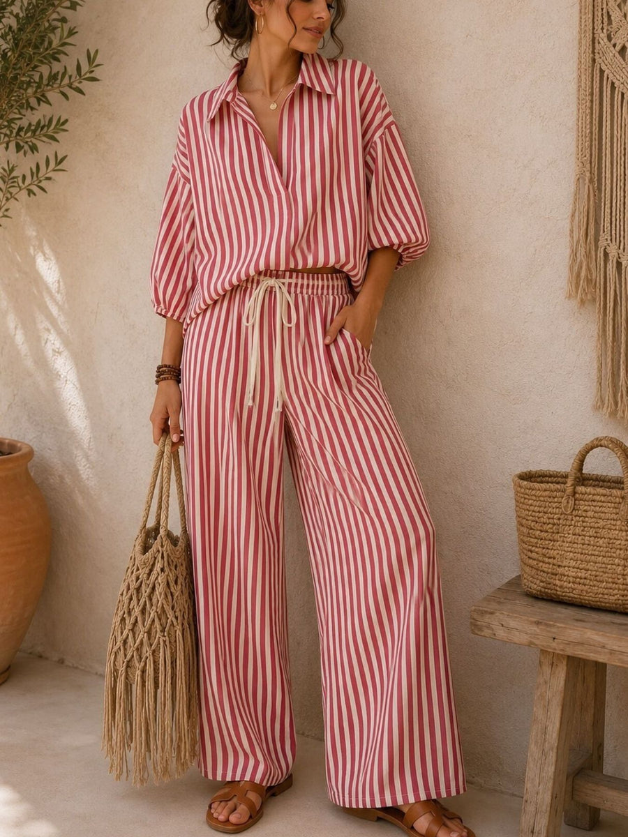 crimson red two-piece set with striped and collared, v-neck