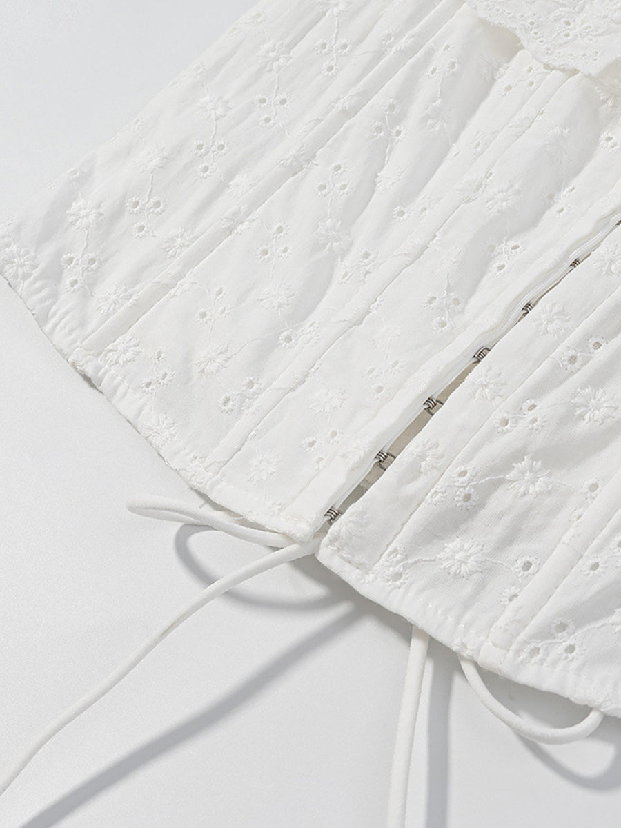 White eyelet tank top with corset detail and drawstring ties