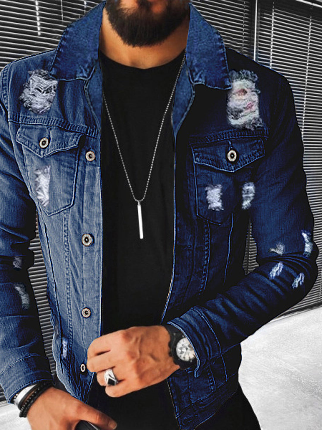 white denim jacket featuring distressed and stars and stripes