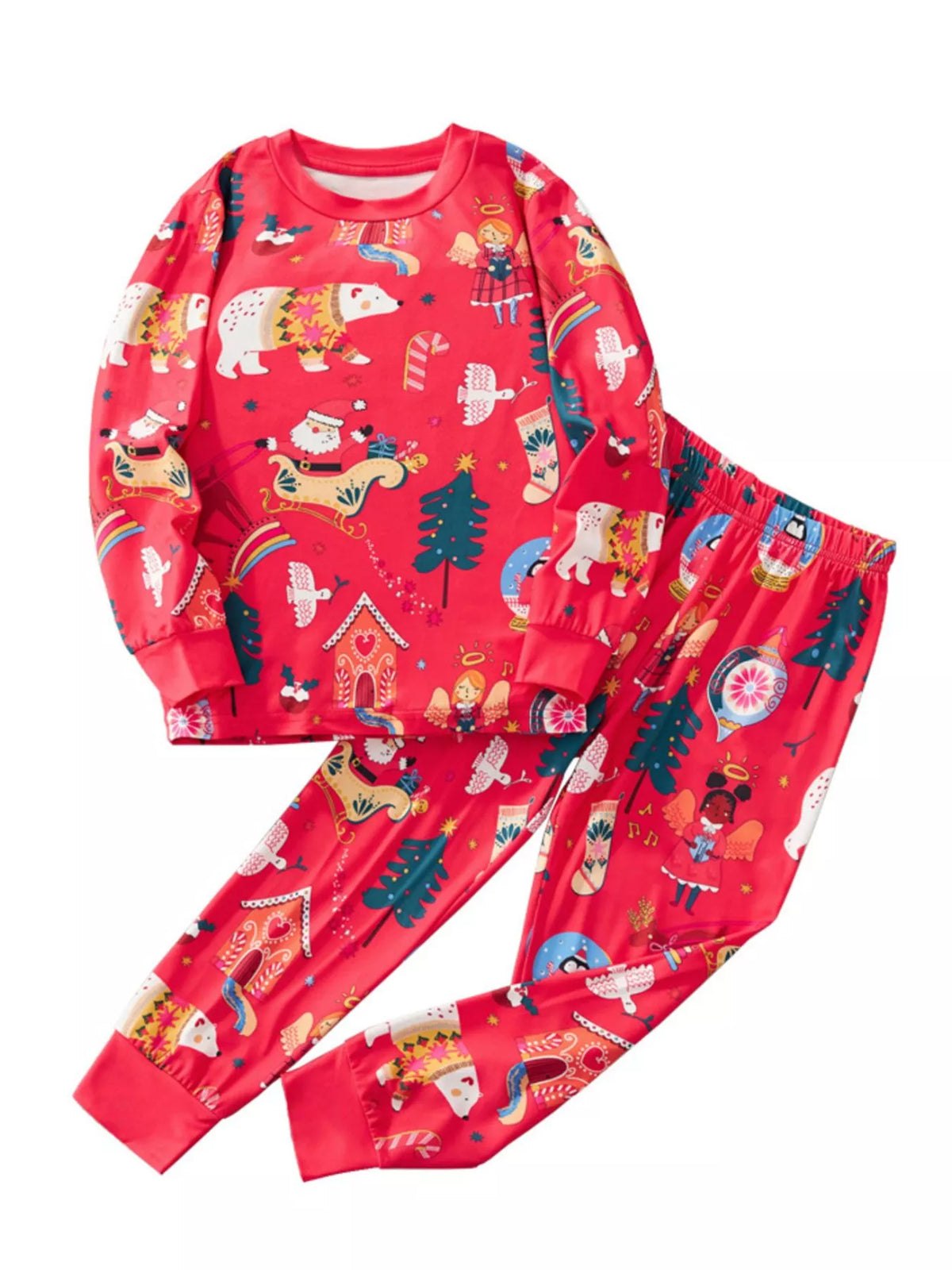 Children's red Christmas print pajama set with long sleeves and pants.