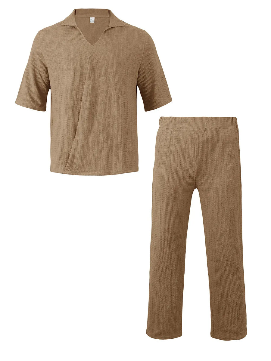 Brown textured polo shirt and matching pants set