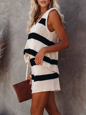 Chic striped knit two-piece set with V-neck sleeveless top and shorts.