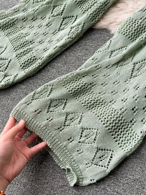 Green crochet halter neck and wide-leg set with diamond pattern detail
