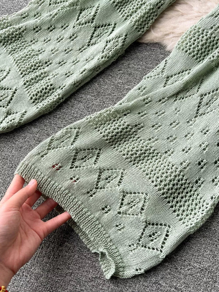 Green crochet halter neck and wide-leg set with diamond pattern detail