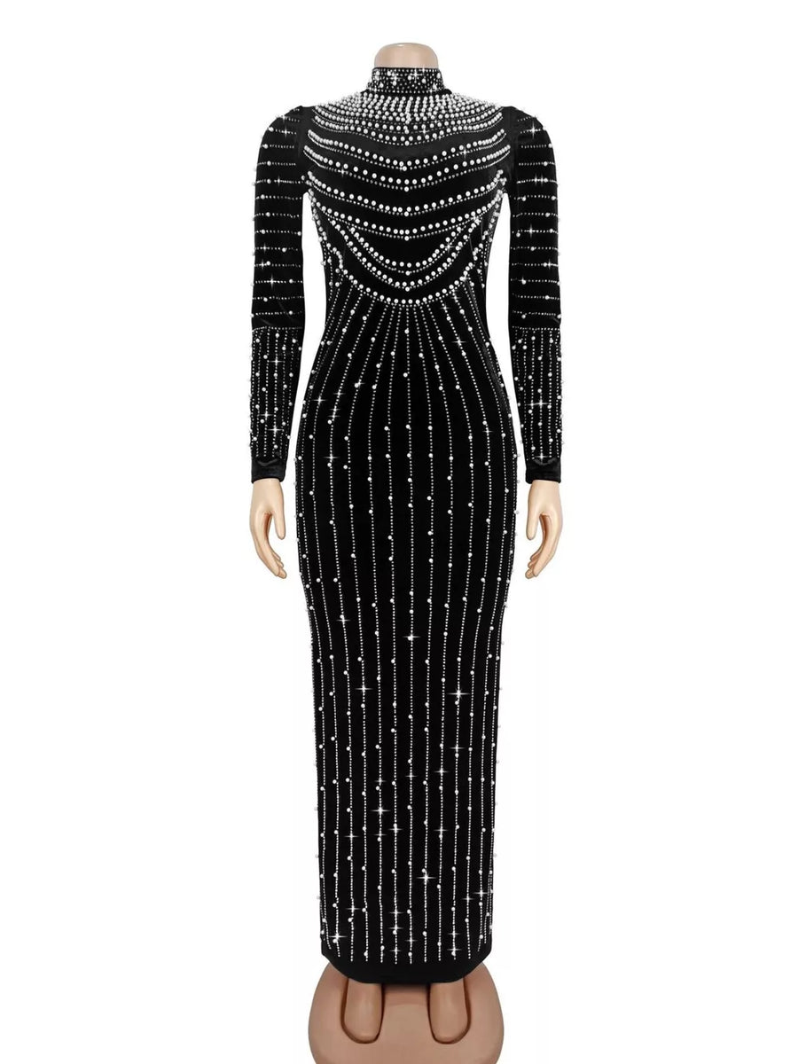 maxi dress in silver with geometric and rhinestone embellishment
