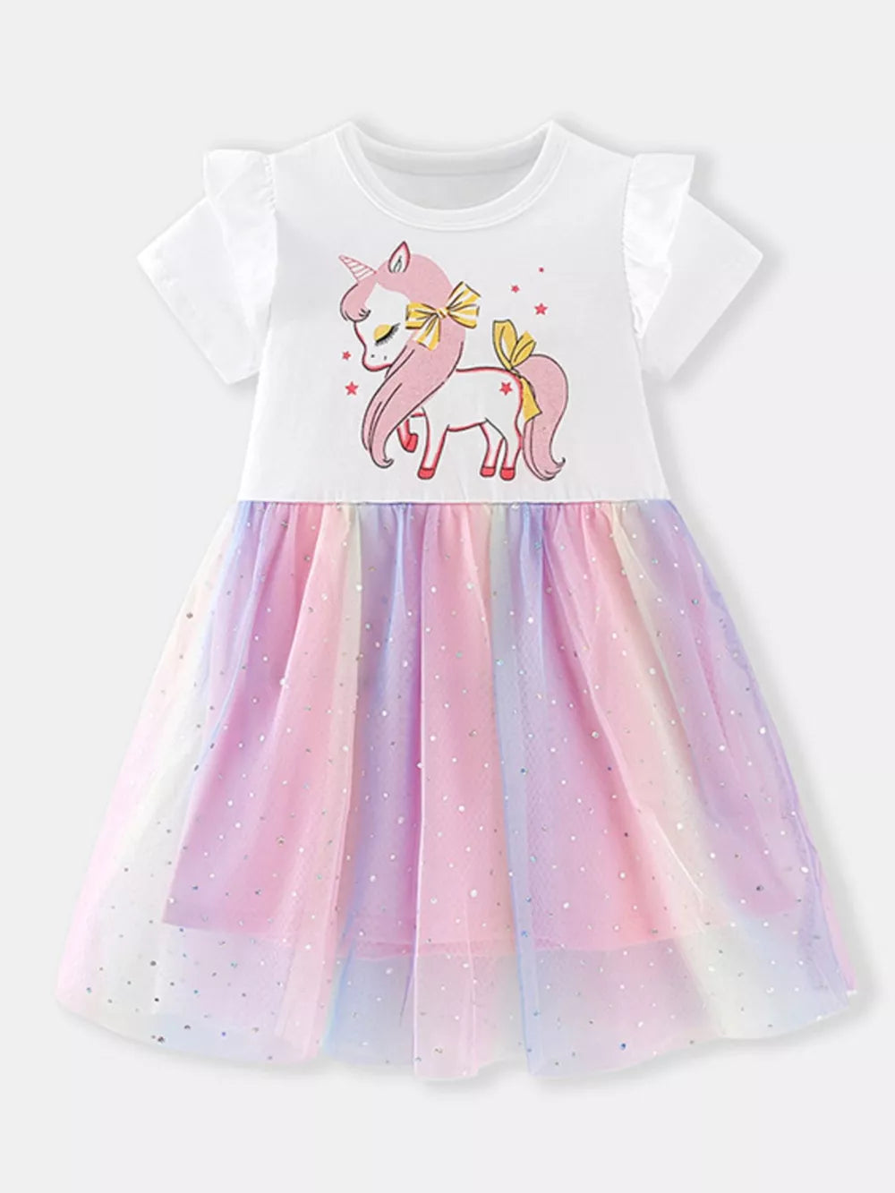 Baby girls white cotton dress with unicorn print and rainbow glitter tulle skirt