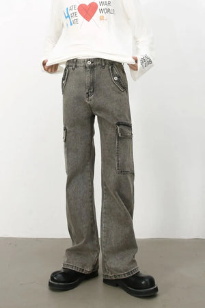 Faded denim flare cargo trousers in dark gray with multiple pockets and a relaxed fit.
