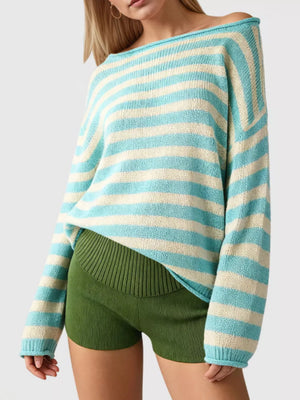 ivory pullover sweater featuring ribbed and striped