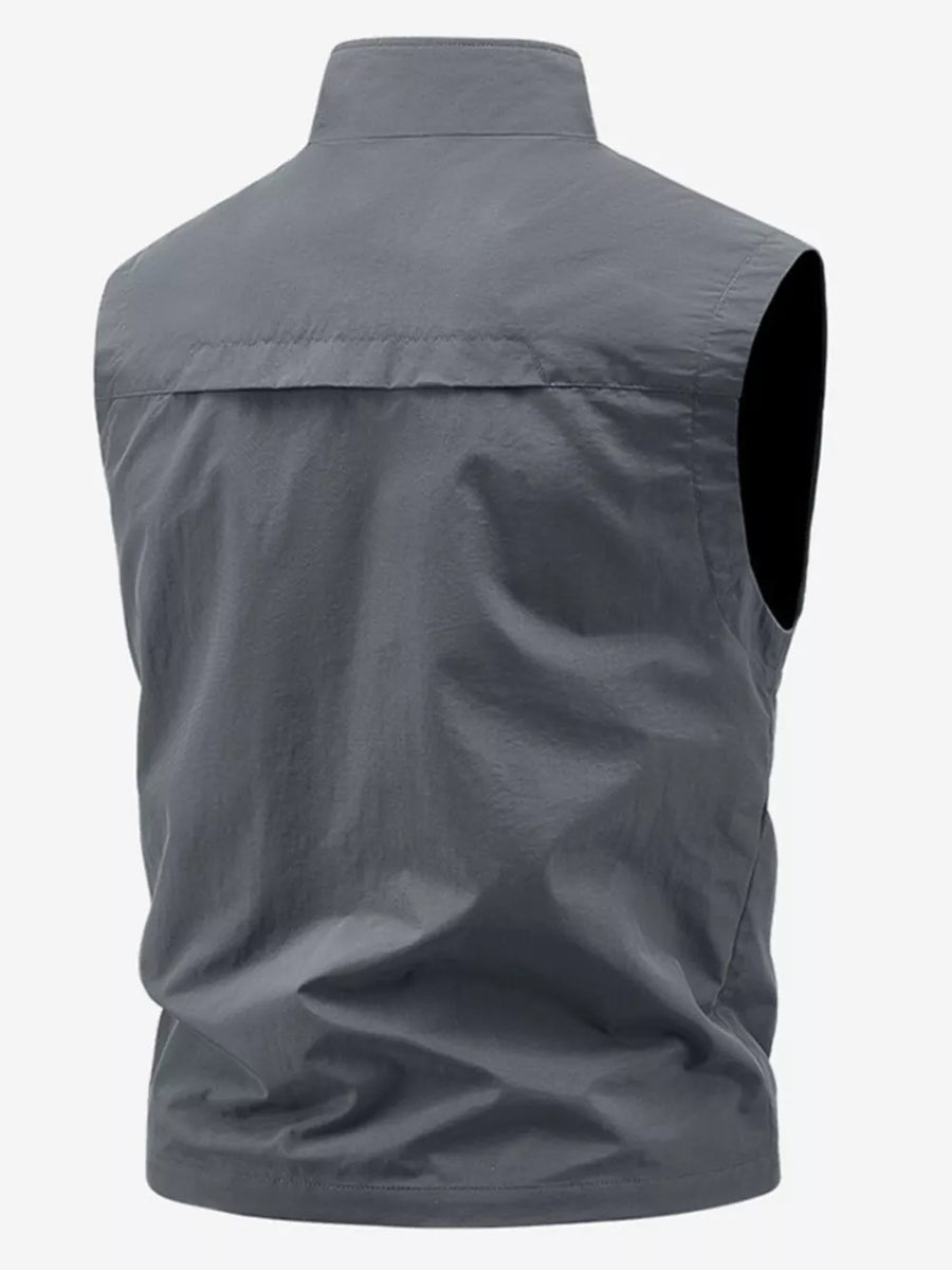 Men's dark gray outdoor vest with stand collar and yoke detail