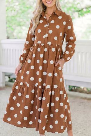 Polka Dot Button Front Long Sleeve Shift Dress in Camel