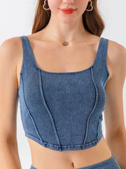 Denim corset crop top with square neckline and seamed details in Dusty Blue.