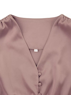 Elegant V-neck Puff Sleeve Button-down Midi Dress in Green