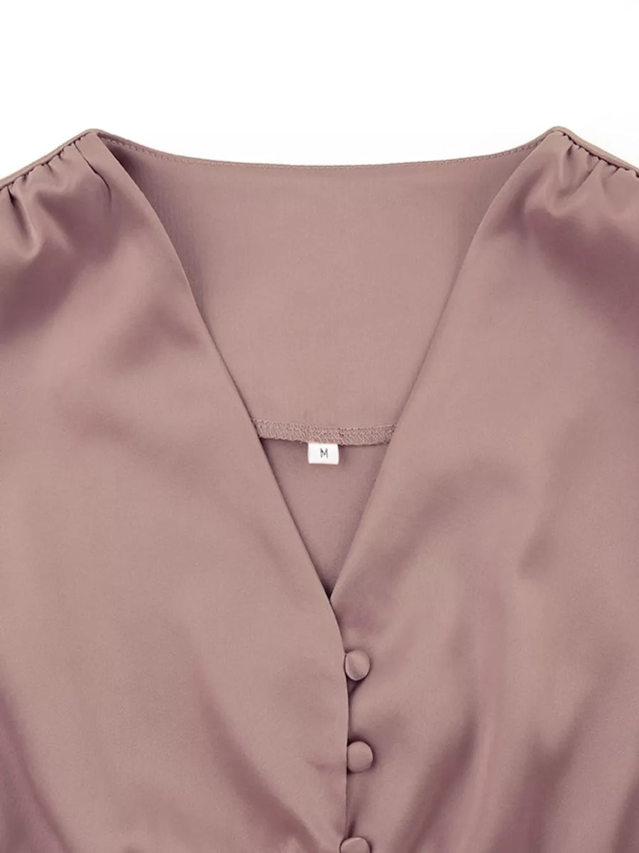 Elegant V-neck Puff Sleeve Button-down Midi Dress in Green