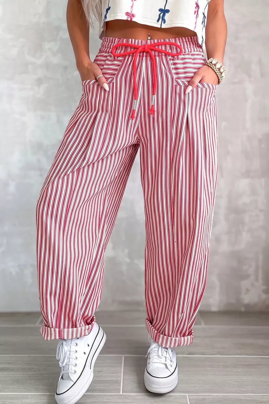 wide-leg pants in crimson red featuring drawstring waist and loose fit