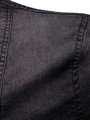 Dark wash denim shirt with visible stitching detail on shoulder and collar.