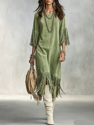 camel midi dress with tassel and 3/4 sleeve