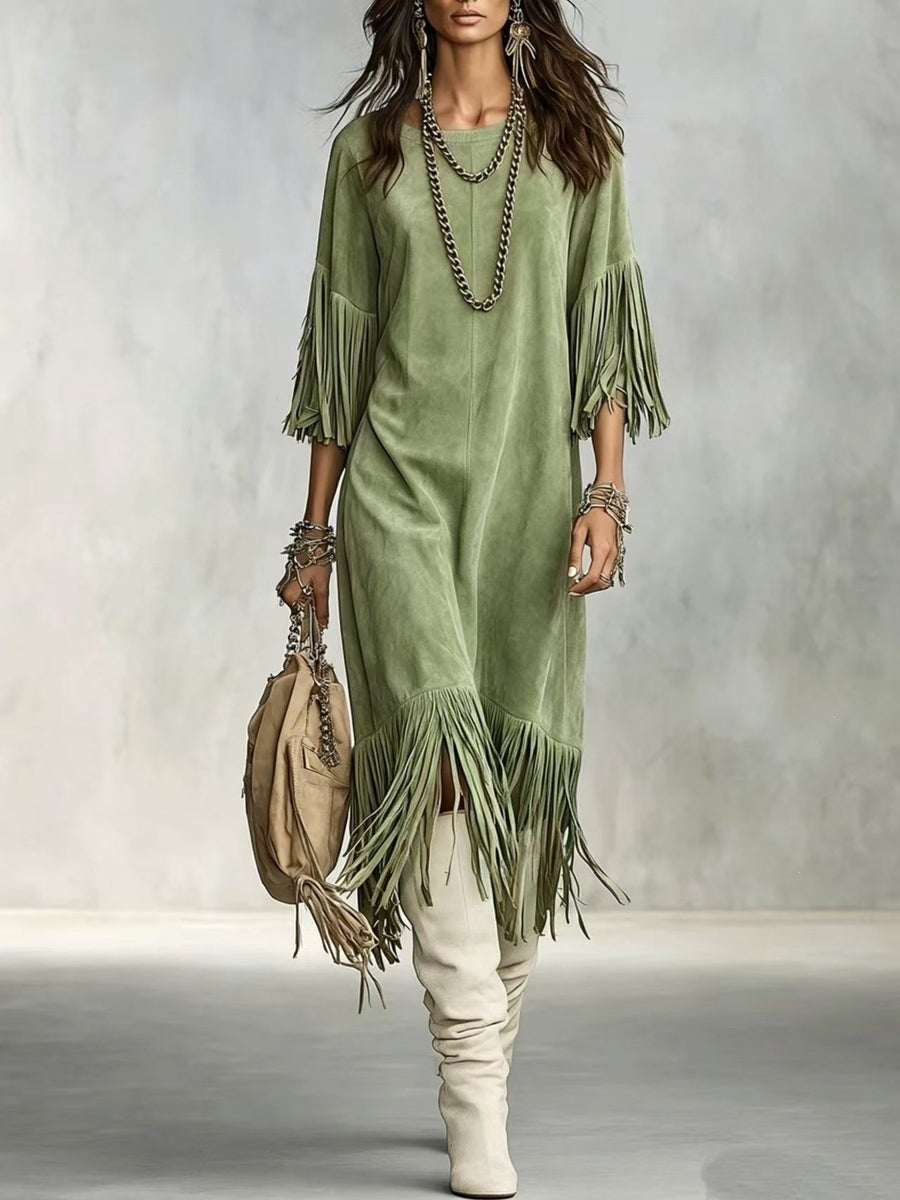 camel midi dress with tassel and 3/4 sleeve