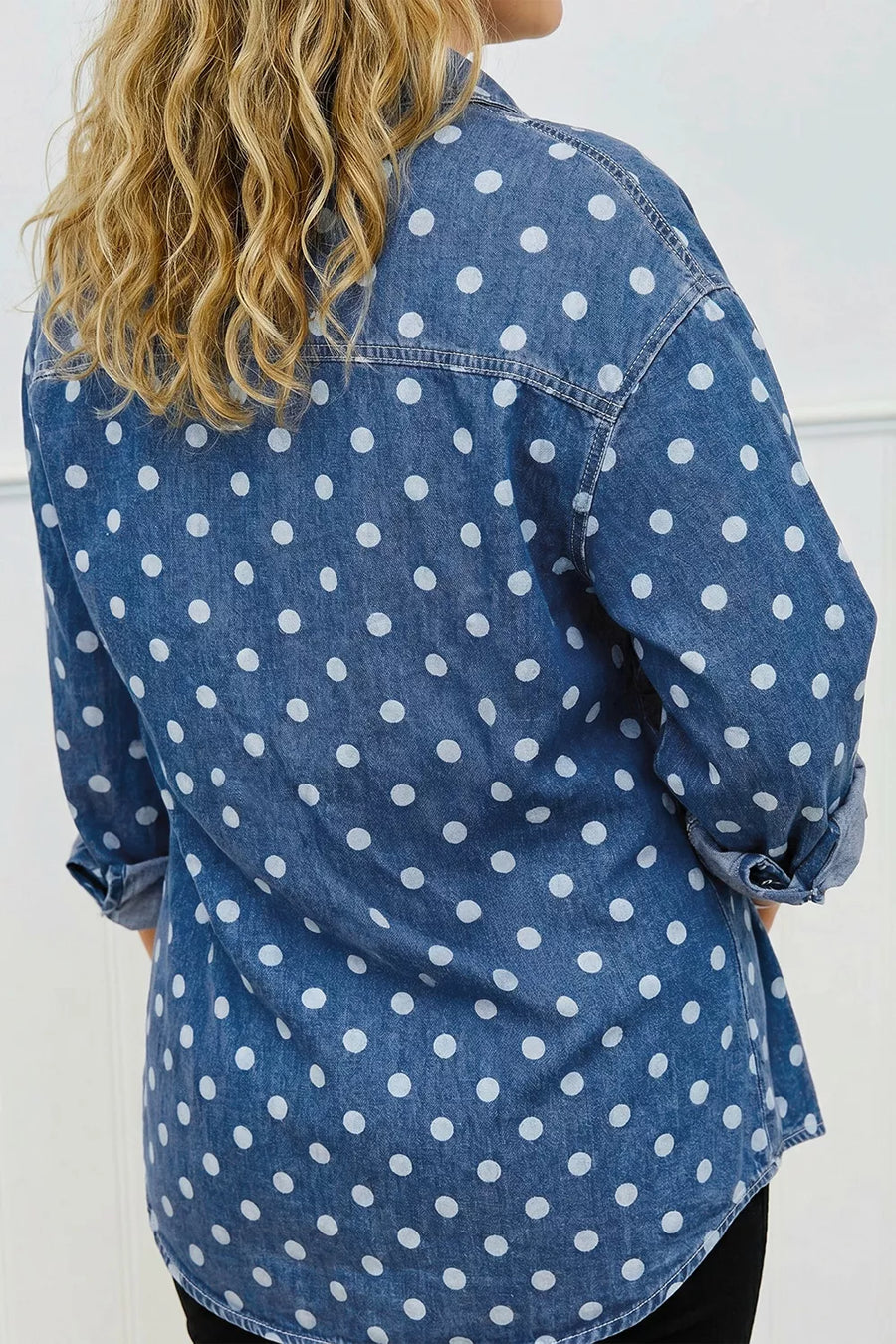 Polka Dot Long Sleeve Collar Shift Tunic Denim Jacket in Dusty Blue