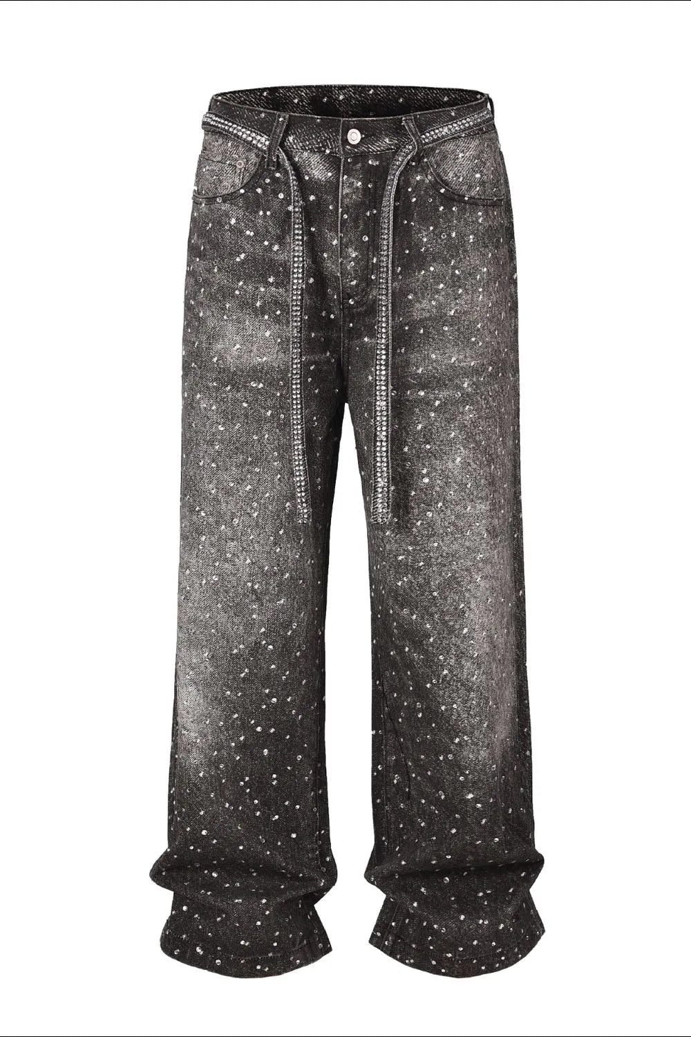 Dark ombré crystal embellished wide leg jeans with rhinestone trim