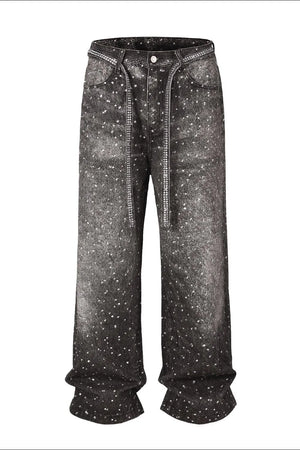 Dark ombré crystal embellished wide leg jeans with rhinestone trim