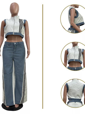 White zip-front crop top with denim trim and wide-leg jeans with side stripe detail.