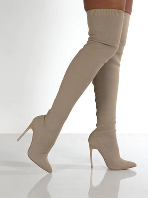 Beige knit over-the-knee stiletto booties with pointed toe