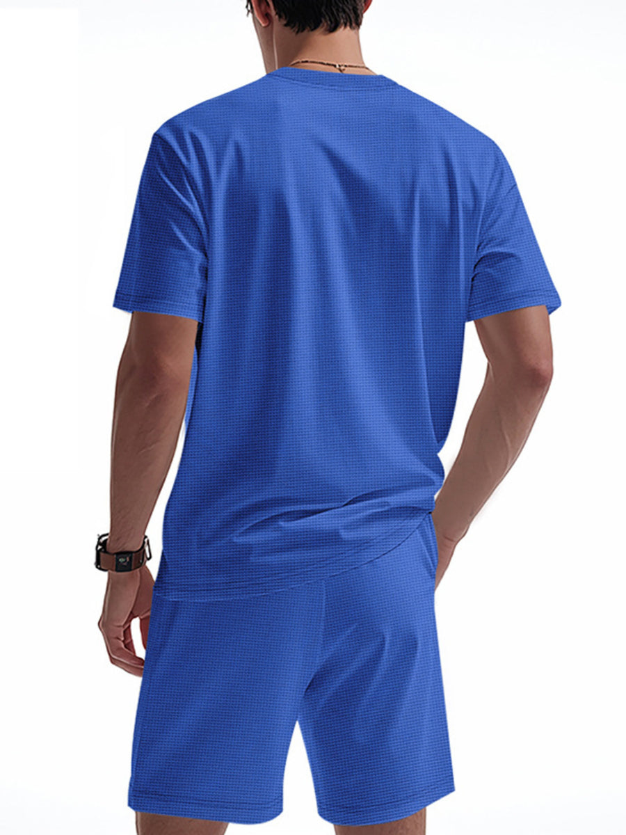 Blue casual shorts and t-shirt set for men, textured fabric, drawstring shorts.