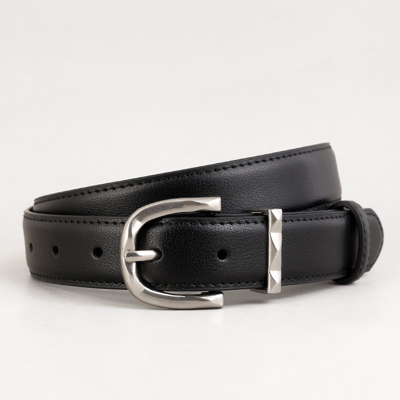 Black cowhide leather skinny belt with brushed silver buckle and stud detail