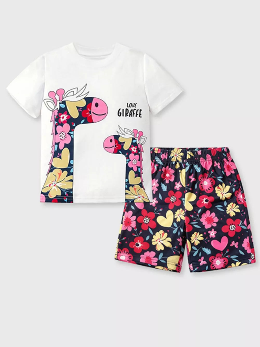 White cotton tee with giraffe floral print and matching floral shorts.
