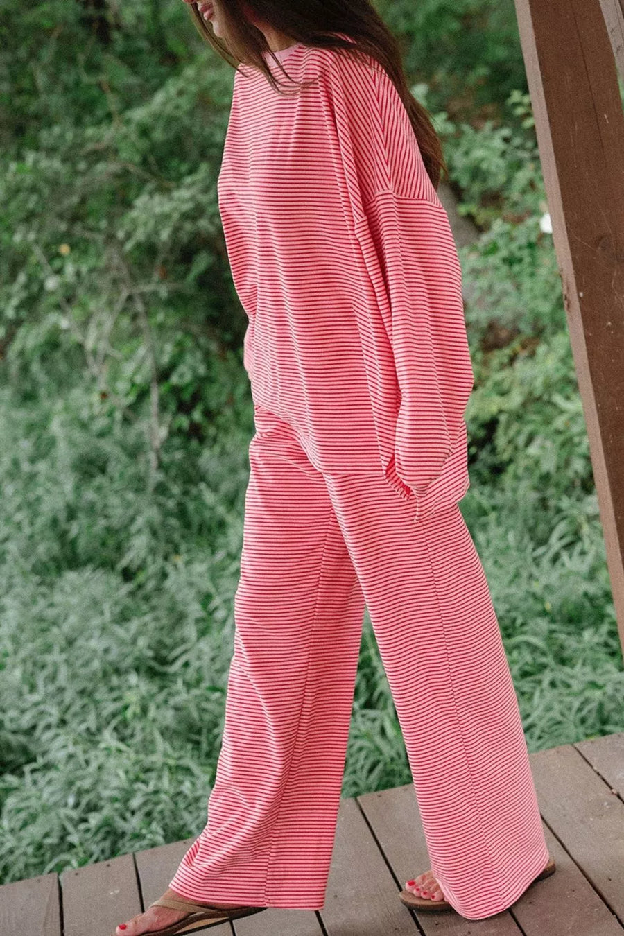Dusty Pink with Striped Drop Shoulder Long Sleeve Top And Pants Set