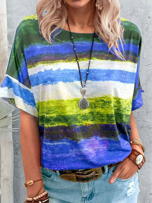 Brushstroke Stripe Casual T-Shirt with short sleeves and a crew neck in green, blue, and yellow.
