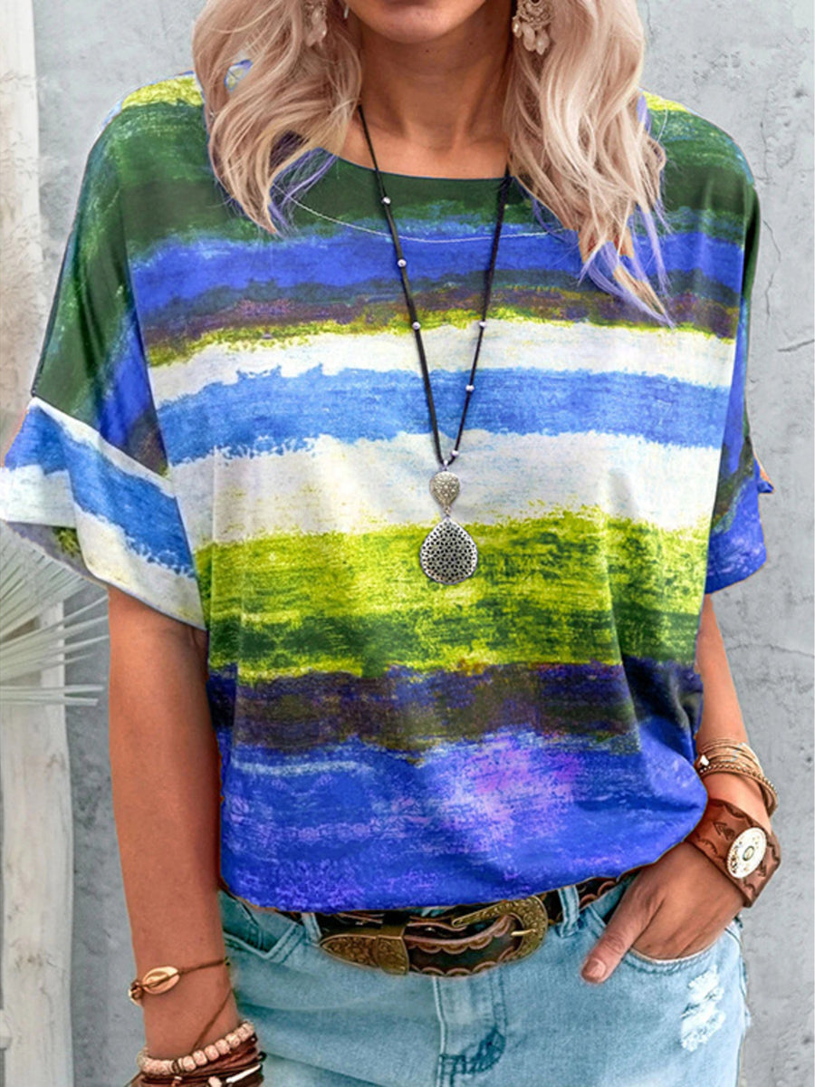 Brushstroke Stripe Casual T-Shirt with short sleeves and a crew neck in green, blue, and yellow.