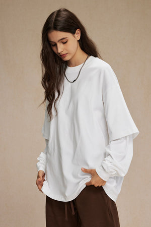 White layered long sleeve t-shirt with crew neck