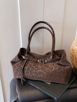 Brown leopard print PU leather shoulder bag with buckle detail