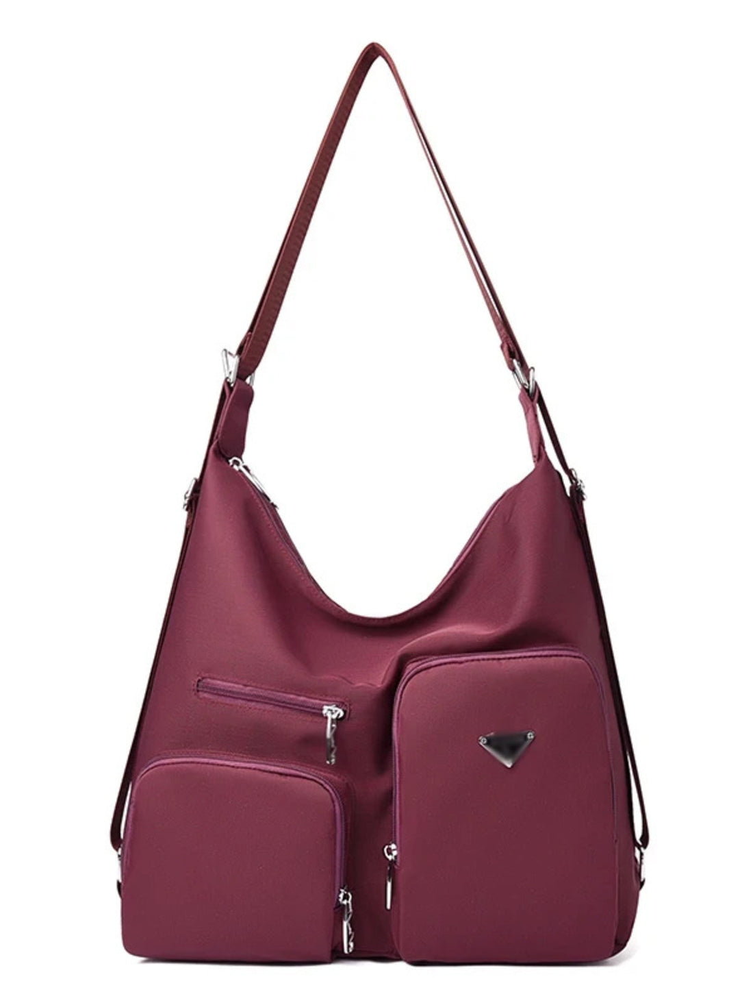 Burgundy nylon shoulder bag with multiple exterior pockets and silver hardware.