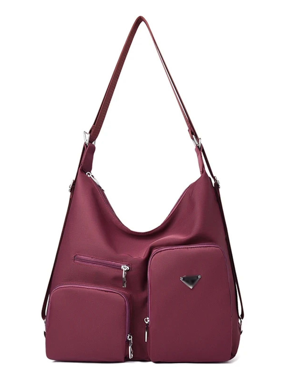 Burgundy nylon shoulder bag with multiple exterior pockets and silver hardware.