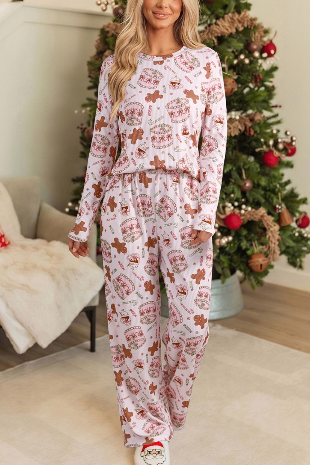 light pink pajama set with Christmas print and round neck