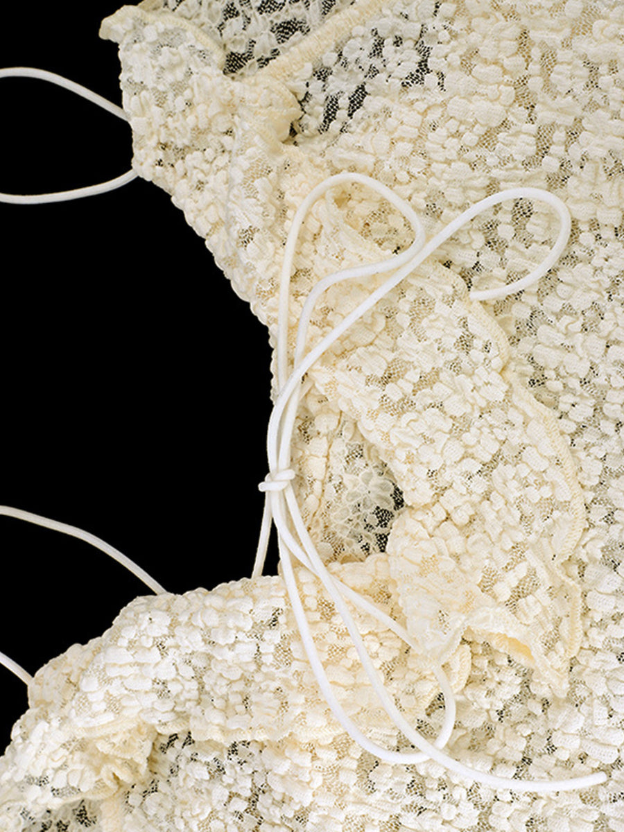Beige lace cami top with ruffle trim and tie-front detail