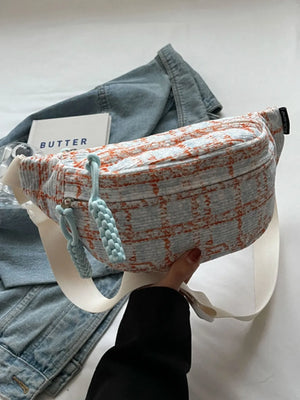 Textured tweed belt bag in pink with braided pulls and white strap