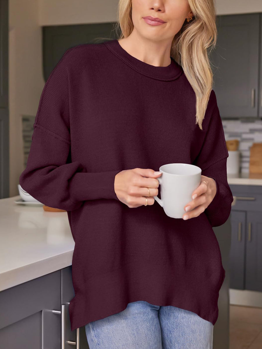 Ribbed-knit relaxed fit sweater in Deep Rose with crew neck and long sleeves.