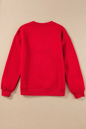 Red crewneck sweatshirt with ribbed cuffs and hem.