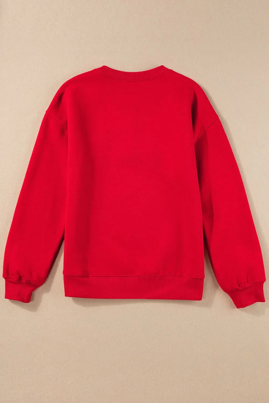 Red crewneck sweatshirt with ribbed cuffs and hem.