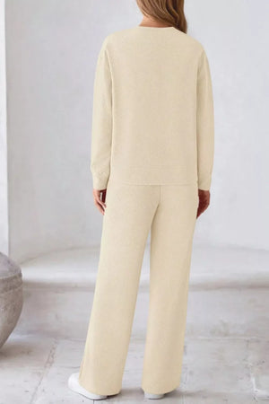 Cozy drawstring lounge set in apricot with textured pattern.