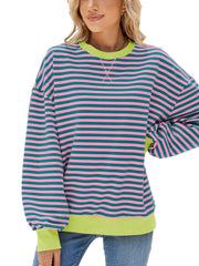 Striped crew neck sweatshirt with pink and teal stripes and lime green trim.