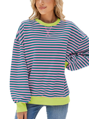 Striped crew neck sweatshirt with pink and teal stripes and lime green trim.