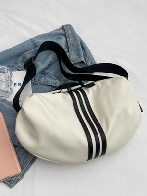 Medium off-white Oxford cloth crossbody bag with black stripes and strap