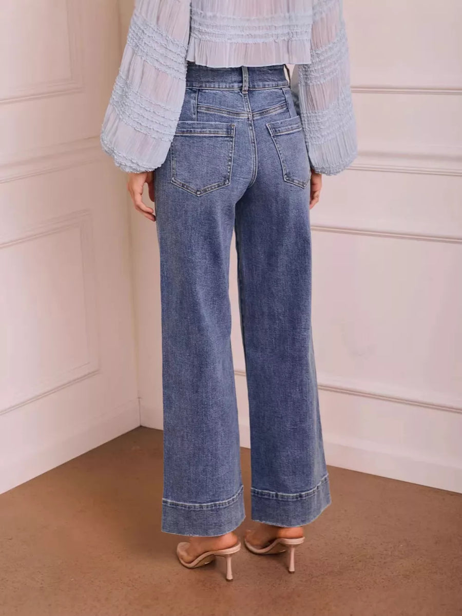 Blue wide-leg jeans with ankle-length and button-front