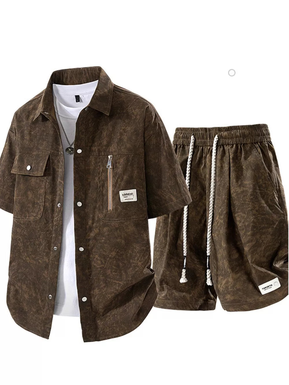 Men's Plus Size Lightweight Textured Shirt And Shorts Set in Beige