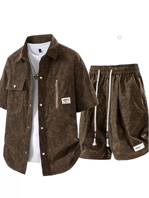 Men's Plus Size Lightweight Textured Shirt And Shorts Set in Beige